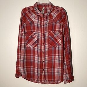 Seven7 Women Red, white, Blue Plaid Long Sleeve Shirt